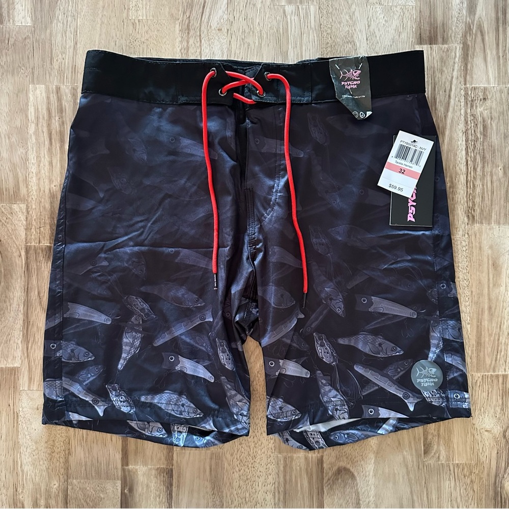 Psycho Tuna Boardshorts Tackle Herron‎ 17.5” Mens Size 32 Black Navy w/ Stretch